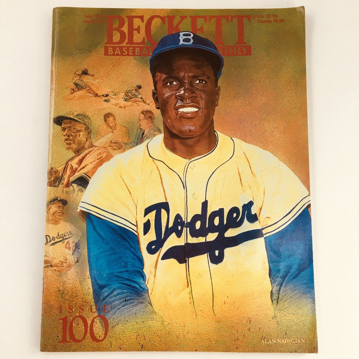 Beckett Baseball Card Monthly Magazine July 1993 Jackie Robinson Cover featuring an illustration of Jackie Robinson wearing a Dodgers jersey.