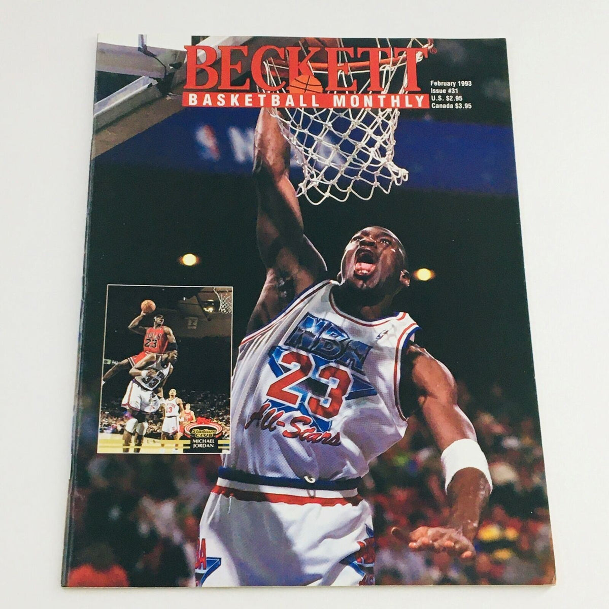 Beckett Basketball Monthly Magazine February 1993 featuring Michael Jordan on the cover, showcasing an iconic moment of him celebrating during a basketball game. A collectible item for sports enthusiasts, highlighting the era of basketball in the early '90s.