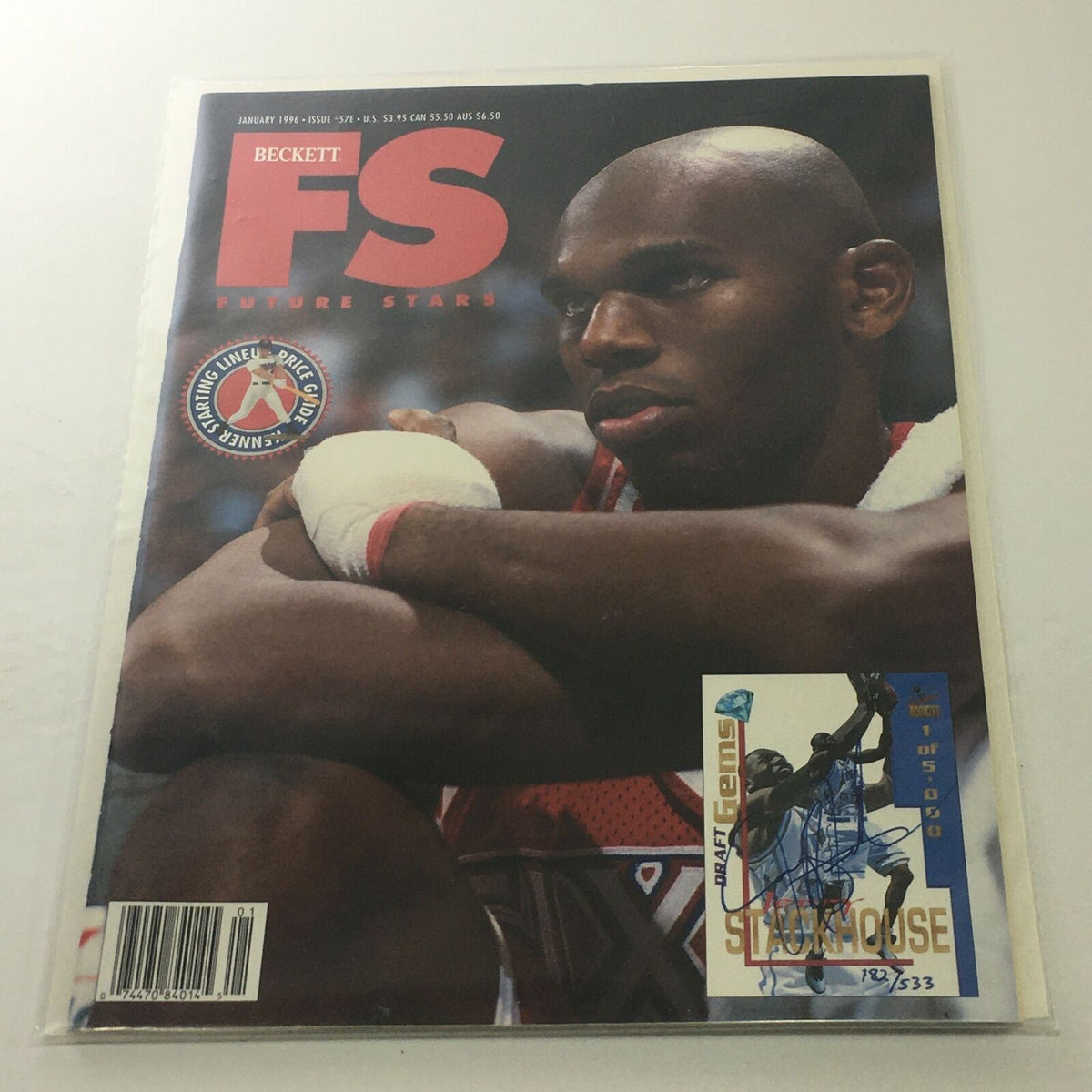 Beckett Future Stars: January 1996 Issue #57E featuring Jerry Stackhouse on the cover, showcasing a high-quality image of the athlete in action along with a collectible card element.