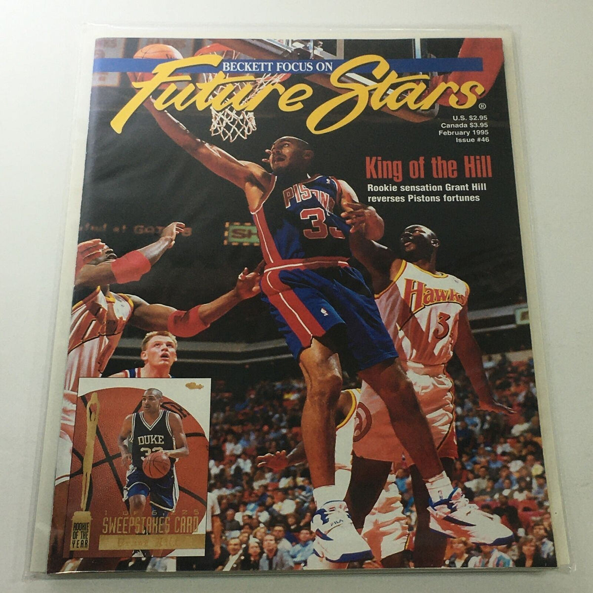 Beckett Future Stars: February 1995 Issue #46 showcasing rookie Grant Hill, featuring a vibrant cover image with Grant Hill in a Pistons jersey, action shots from a game, and a highlighted card. Ideal for collectors and basketball enthusiasts.