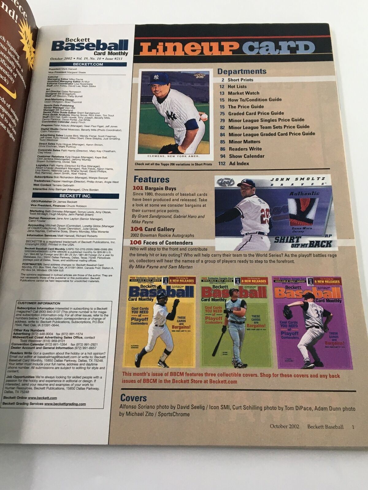 Inside page of Beckett Baseball Card Monthly October 2002 displaying the lineup card and features related to baseball card collections.