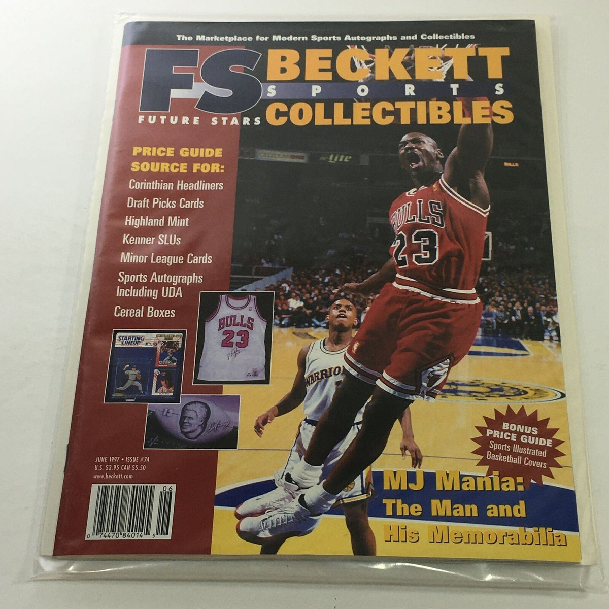 Beckett Future Stars: June 1997 Issue #74 - Michael Jordan Mania featuring Michael Jordan in red Bulls jersey, showcasing memorabilia and collectibles with basketball background.