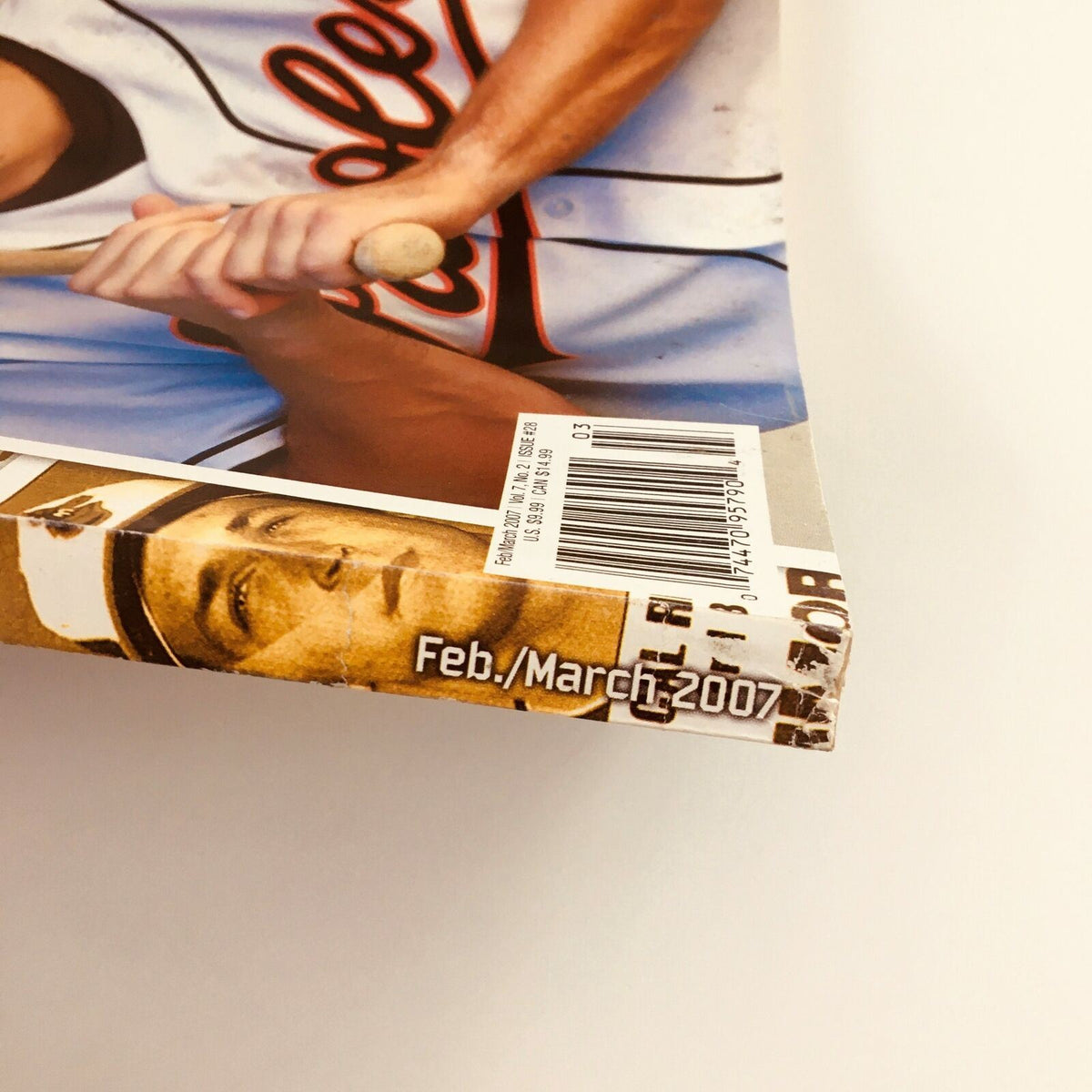 Close-up view of the Beckett Baseball Card Plus Magazine February March 2007, focusing on the publication date and side edge, highlighting its vintage appeal.