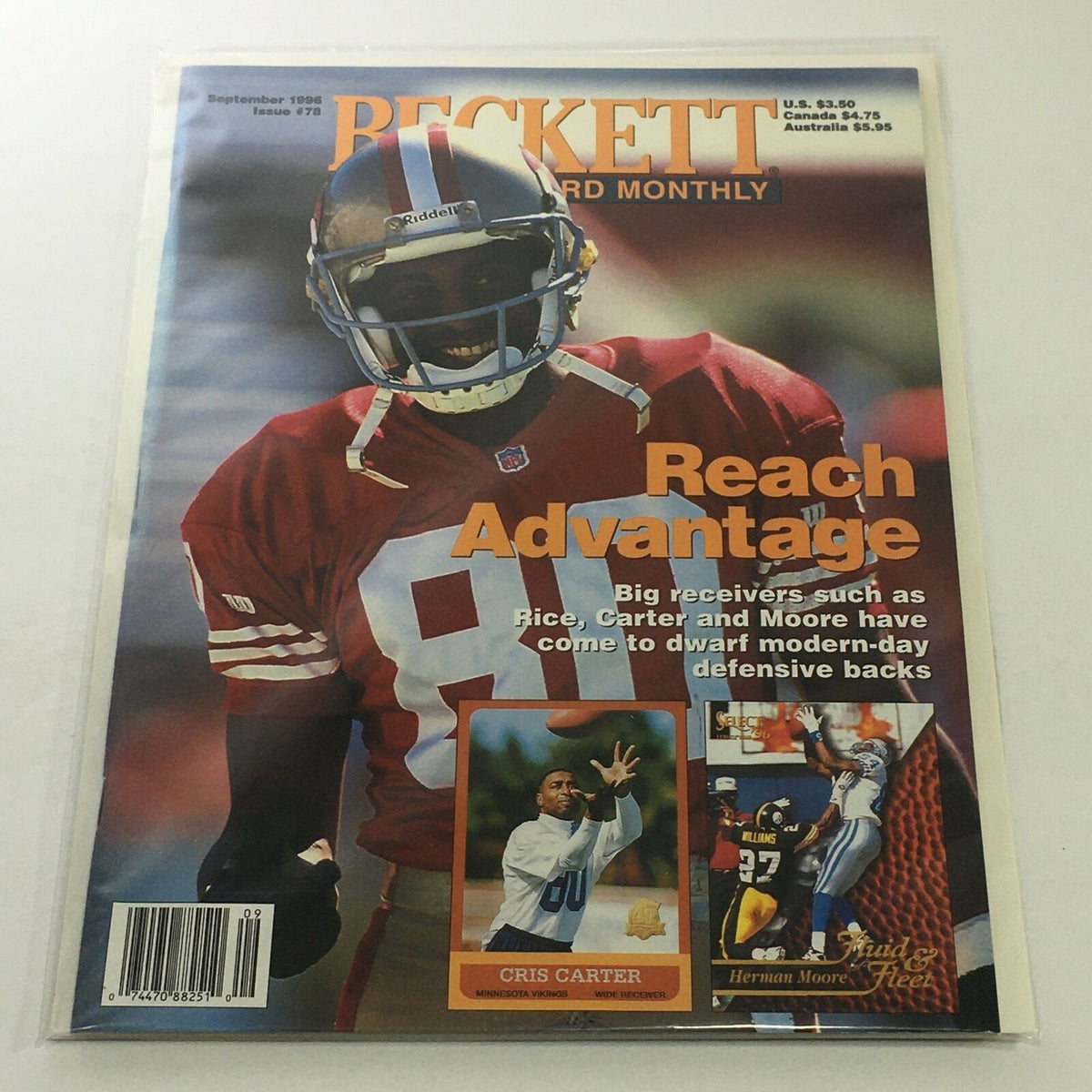 Beckett Football Card Monthly: September 1996 Issue #73 featuring Cris Carter on the cover, showcasing NFL highlights and insights. This magazine is in protective covering, highlighting its excellent condition and collectible value.