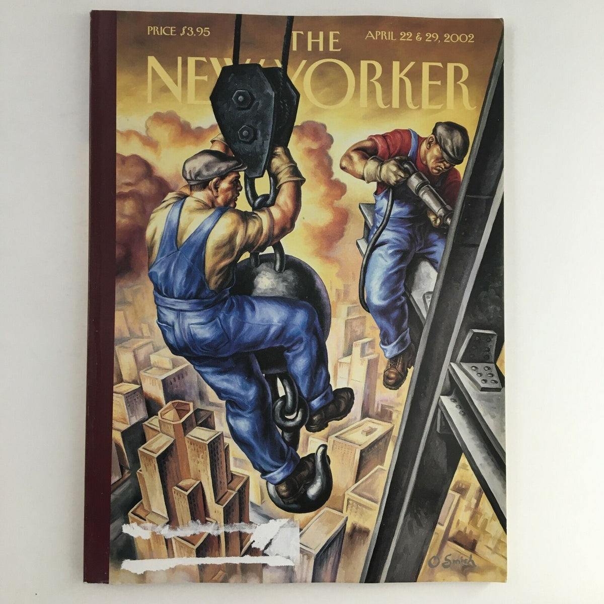 The New Yorker Full Magazine April 22 2002 featuring a cover illustration by Owen Smith, depicting two construction workers on a skyscraper with a cityscape background.