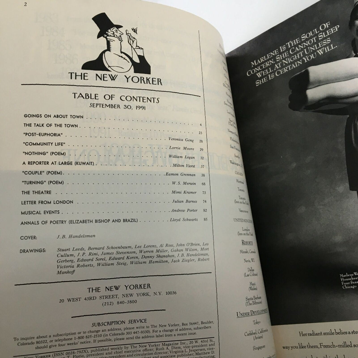 Table of contents page from The New Yorker magazine, September 30, 1991, showcasing articles and illustrations by JB Handelsman.