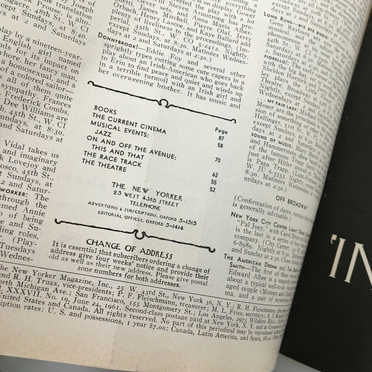 Table of contents page from The New Yorker Full Magazine June 24 1961, listing featured articles and events, showcasing the vintage design and layout of the magazine.