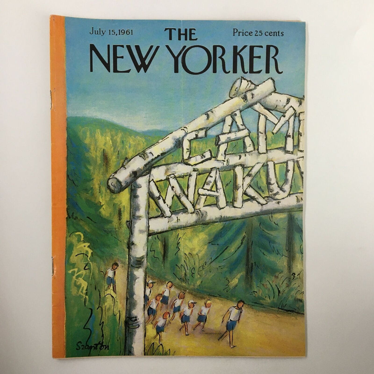 The New Yorker Full Magazine July 15 1961 featuring the cover illustration titled Camp Wakulla by Robert Szanton, depicting children walking under a wooden camp sign.
