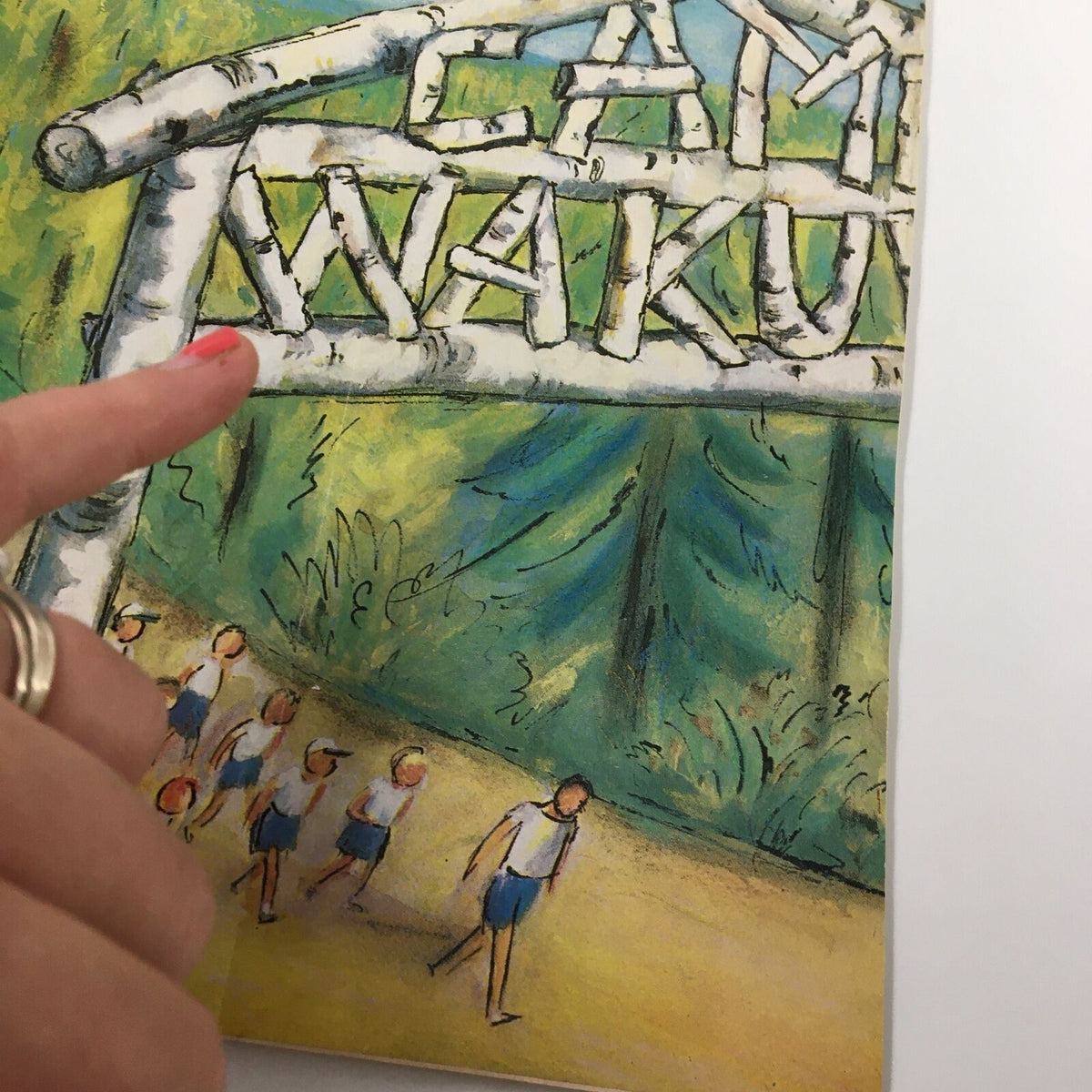 Close-up of the Camp Wakulla cover from The New Yorker Full Magazine July 15 1961, showcasing children's figures and the detailed sign design.