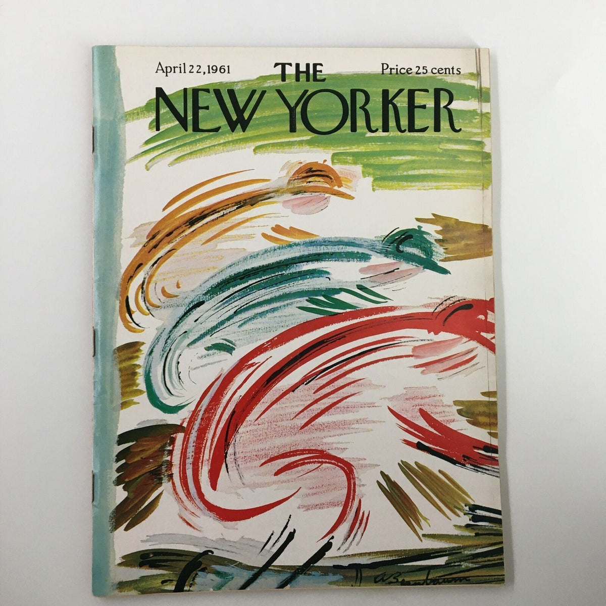 Cover of The New Yorker Full Magazine April 22 1961 showcasing the vibrant artwork titled 'Colorful Race' by Abe Burnbaum, featuring dynamic brush strokes in red, green, yellow, and blue.