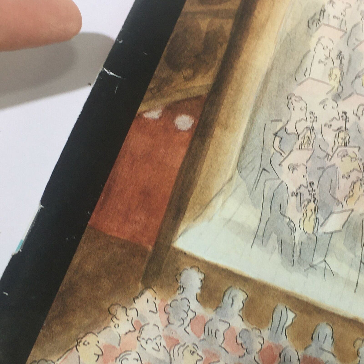 Side view of The New Yorker April 14, 2008 cover, highlighting the intricate details of the whimsical orchestra scene by Jean-Jacques Sempé.