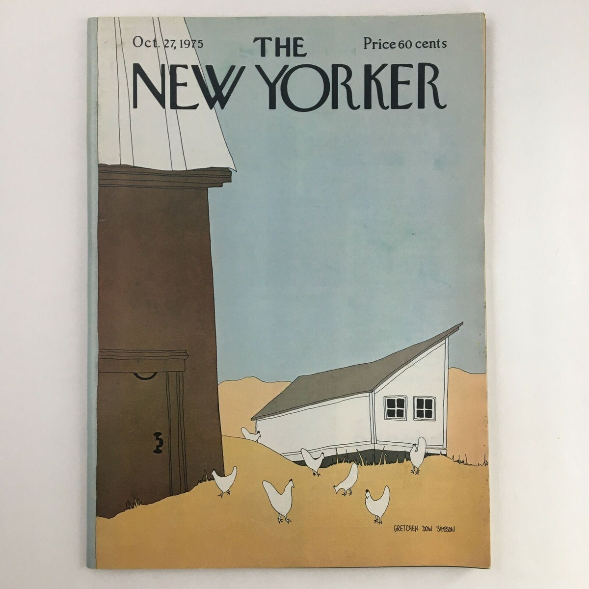 The New Yorker Magazine cover from October 27, 1975, illustrating a rural scene with chickens and farm buildings, featuring the title 'The New Yorker' prominently.