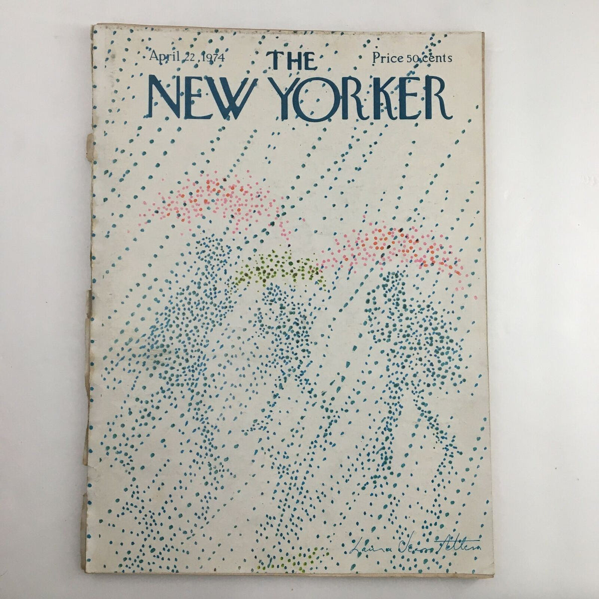The New Yorker Magazine April 22, 1974 cover featuring the artwork 'Human Raindrops' by Laura Jean Allen, showcasing a unique design with colored dots resembling rain.