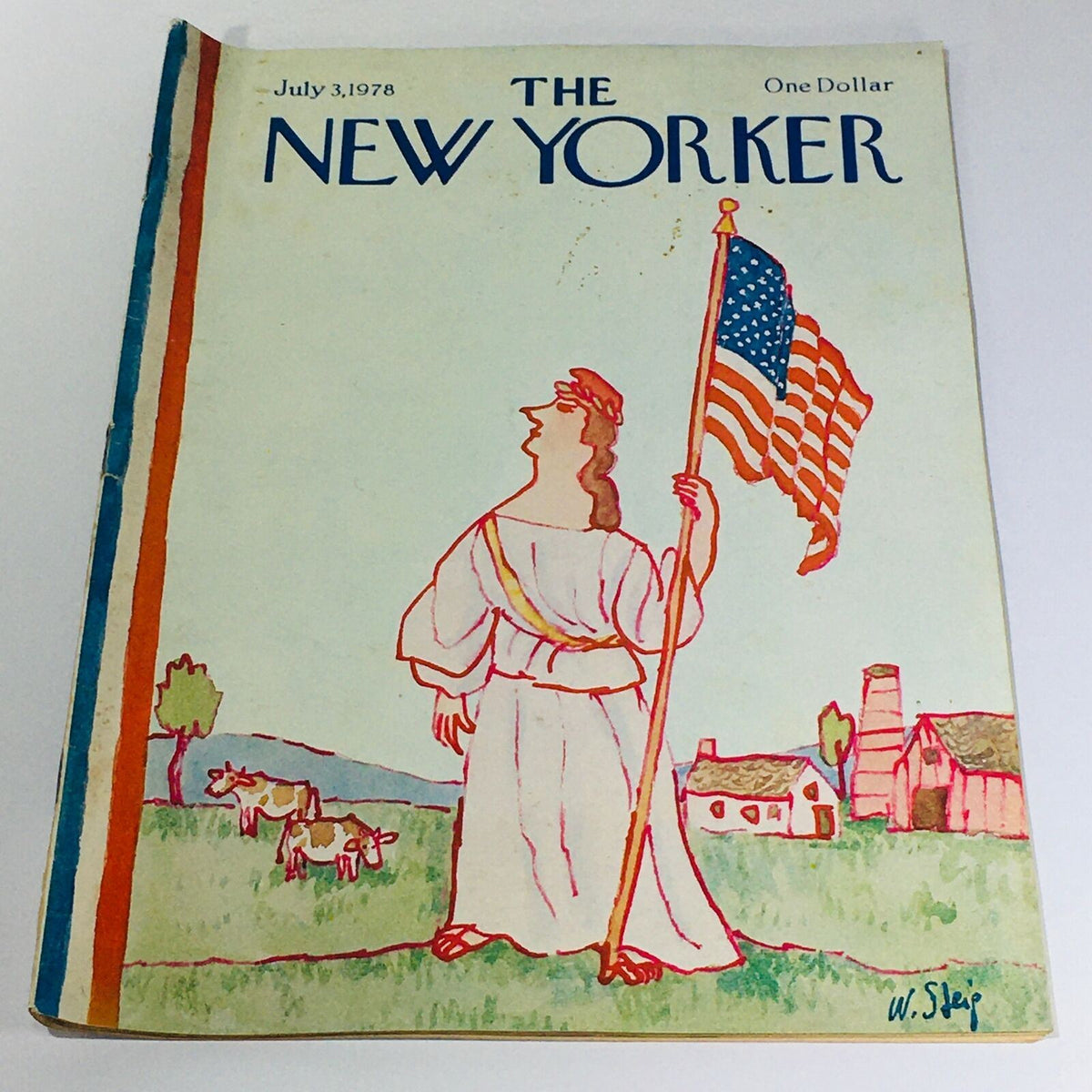 The New Yorker: July 3 1978 Full Magazine cover illustrated by William Steig, featuring a woman holding an American flag with cows in a pastoral background.
