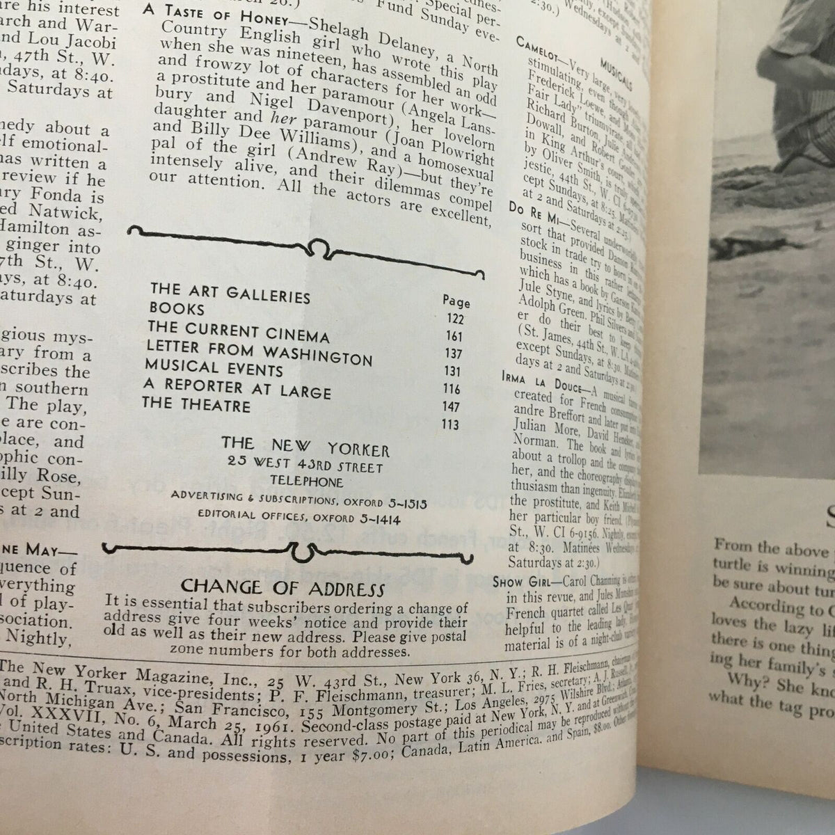 Interior page of The New Yorker Full Magazine March 25 1961, displaying the table of contents and vintage advertisements.