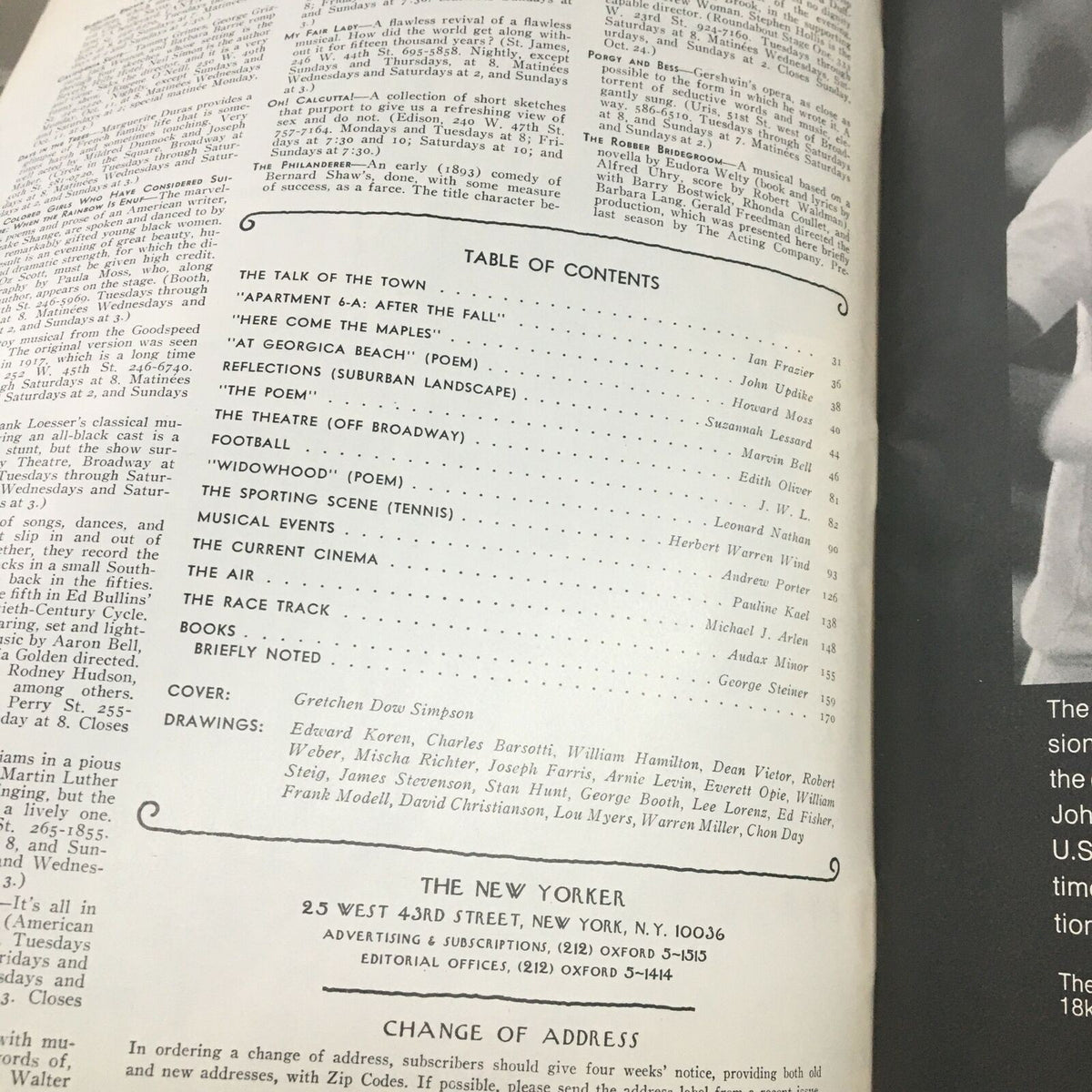 Table of contents page from The New Yorker Magazine, October 11, 1976, listing articles and contributions including the cover artwork by Gretchen Dow Simpson.