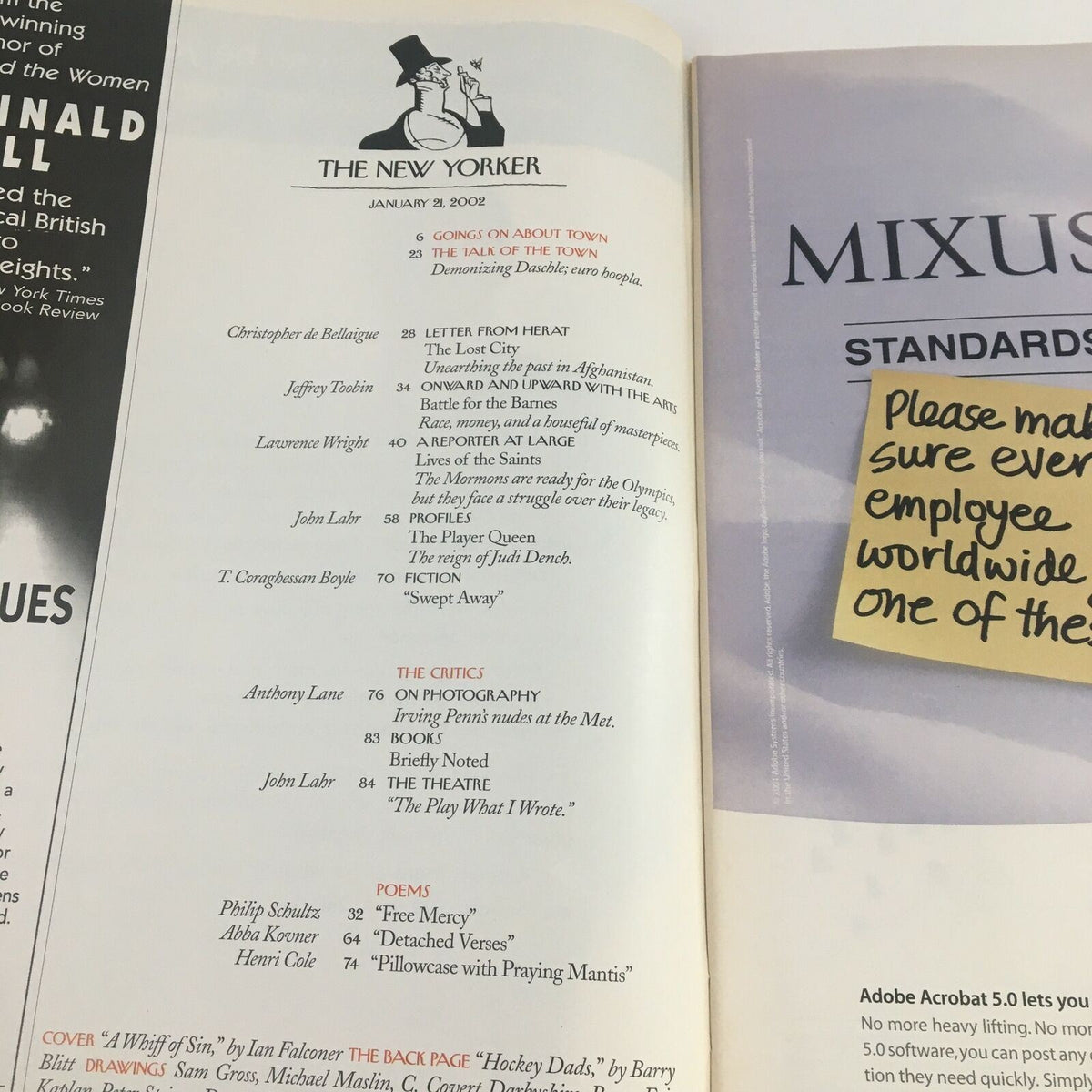 Interior page of The New Yorker Full Magazine January 21 2002, showcasing the contents list with articles and poems including 'A Whiff of Sin' by Ian Falconer.