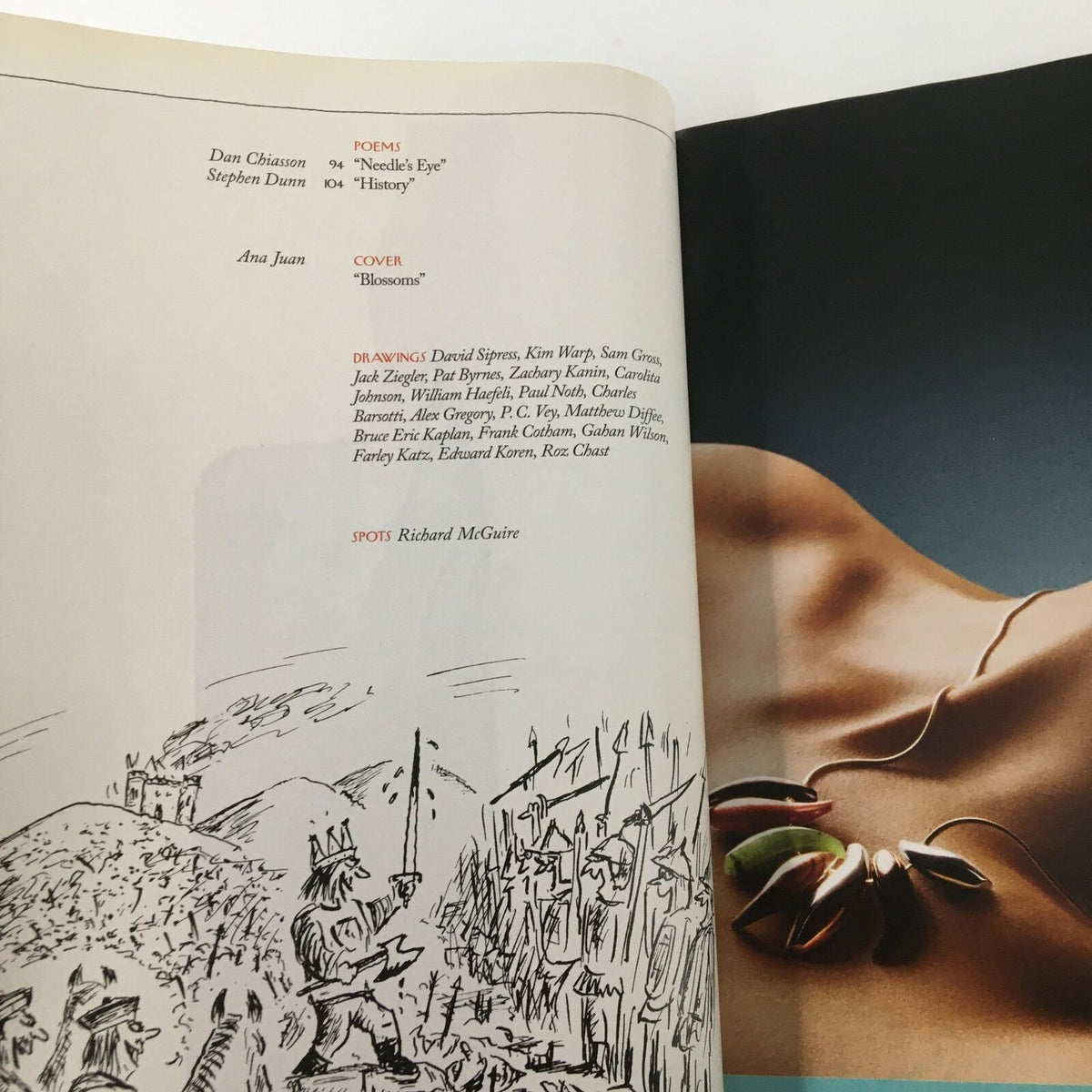 Interior page of The New Yorker magazine March 10, 2008, featuring the artwork titled 'Blossoms' by Ana Juan, including the table of contents and poet listings.