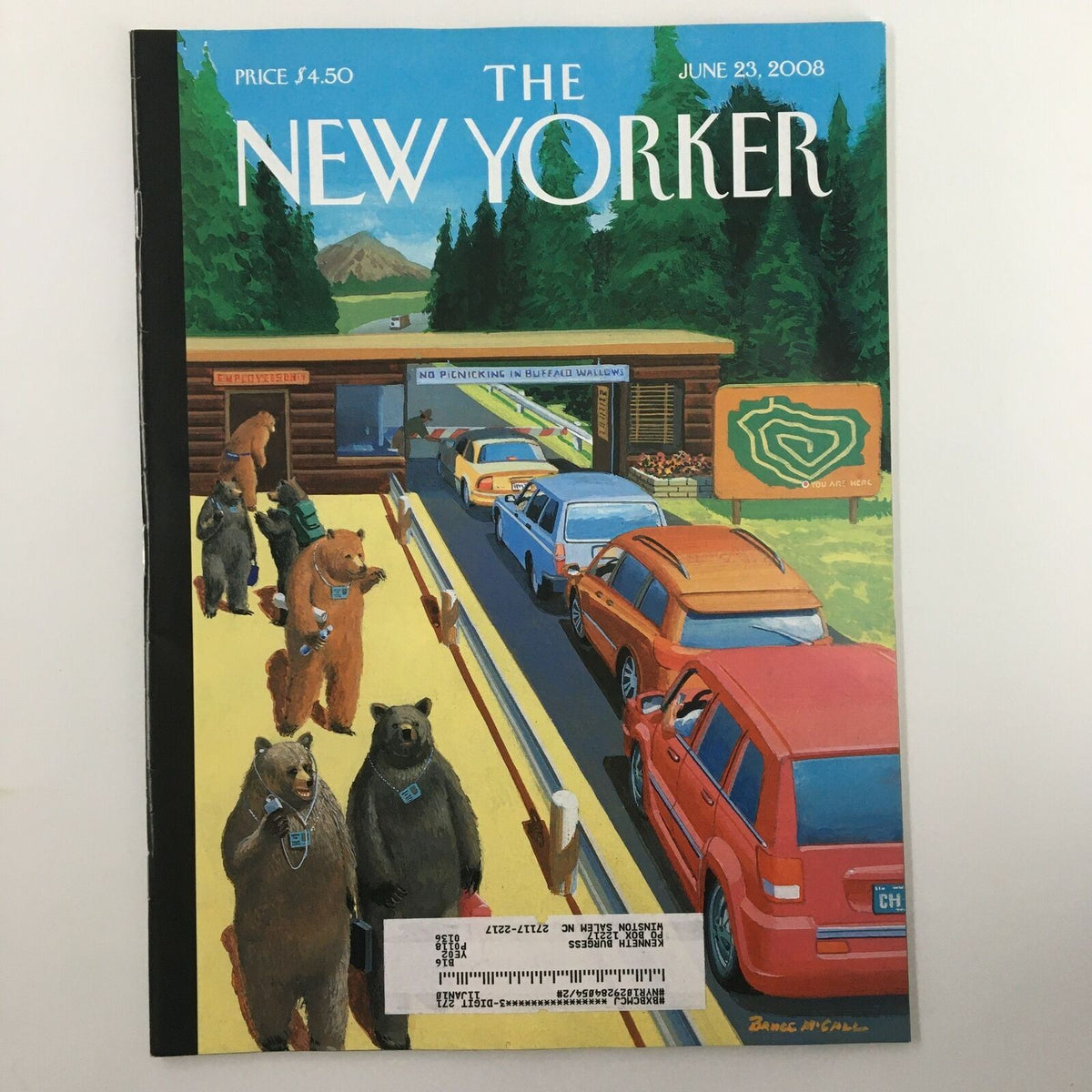 Cover of The New Yorker Full Magazine June 23 2008 featuring a scenic illustration titled 'Summer Job' by Bruce McCall, showcasing bears and cars at a national park entrance.