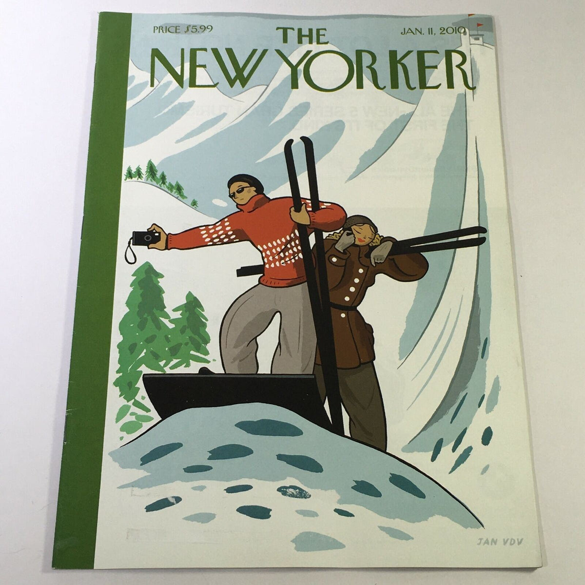 The New Yorker January 11 2010 magazine cover featuring a vibrant illustration by Jan Van Der Veken, depicting a snowy landscape with two skiers, capturing the essence of winter adventure.