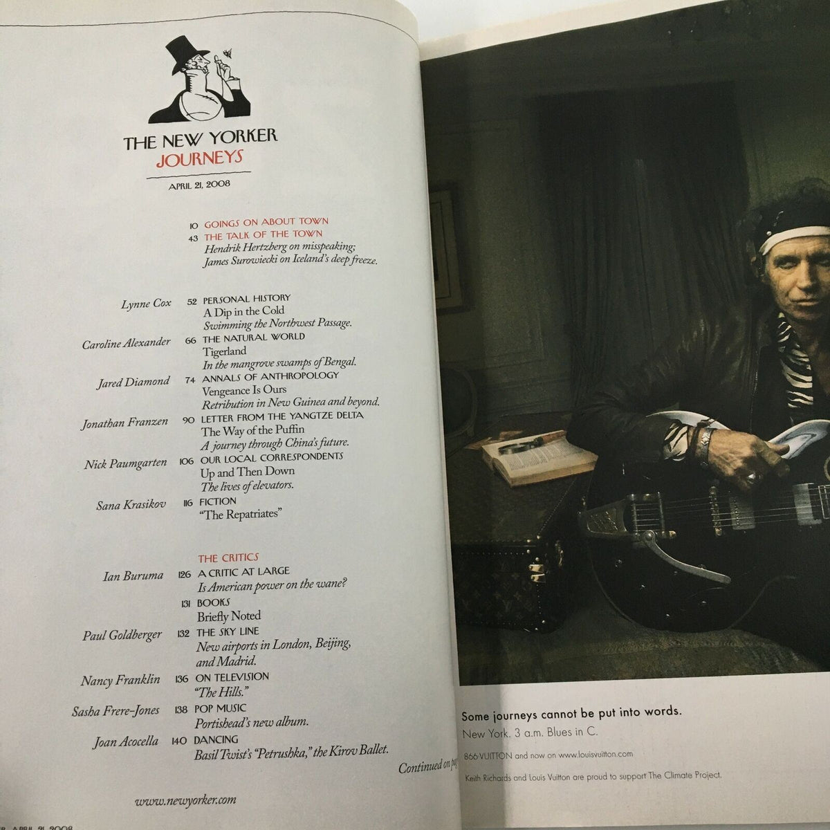 Interior page of The New Yorker Full Magazine April 21 2008, showcasing the table of contents with headings for various articles, including 'Going on About Town' and 'The Critics', highlighting contributors and topics.