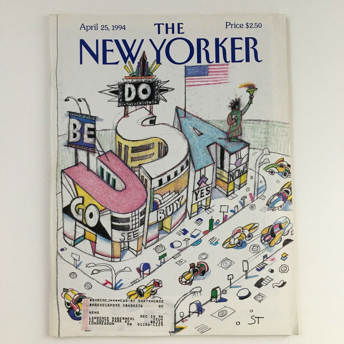 Cover of The New Yorker magazine, April 25, 1994, featuring a colorful illustration by Saul Steinberg, depicting various whimsical scenes and advertisements, showcasing the magazine's distinctive artistic style.
