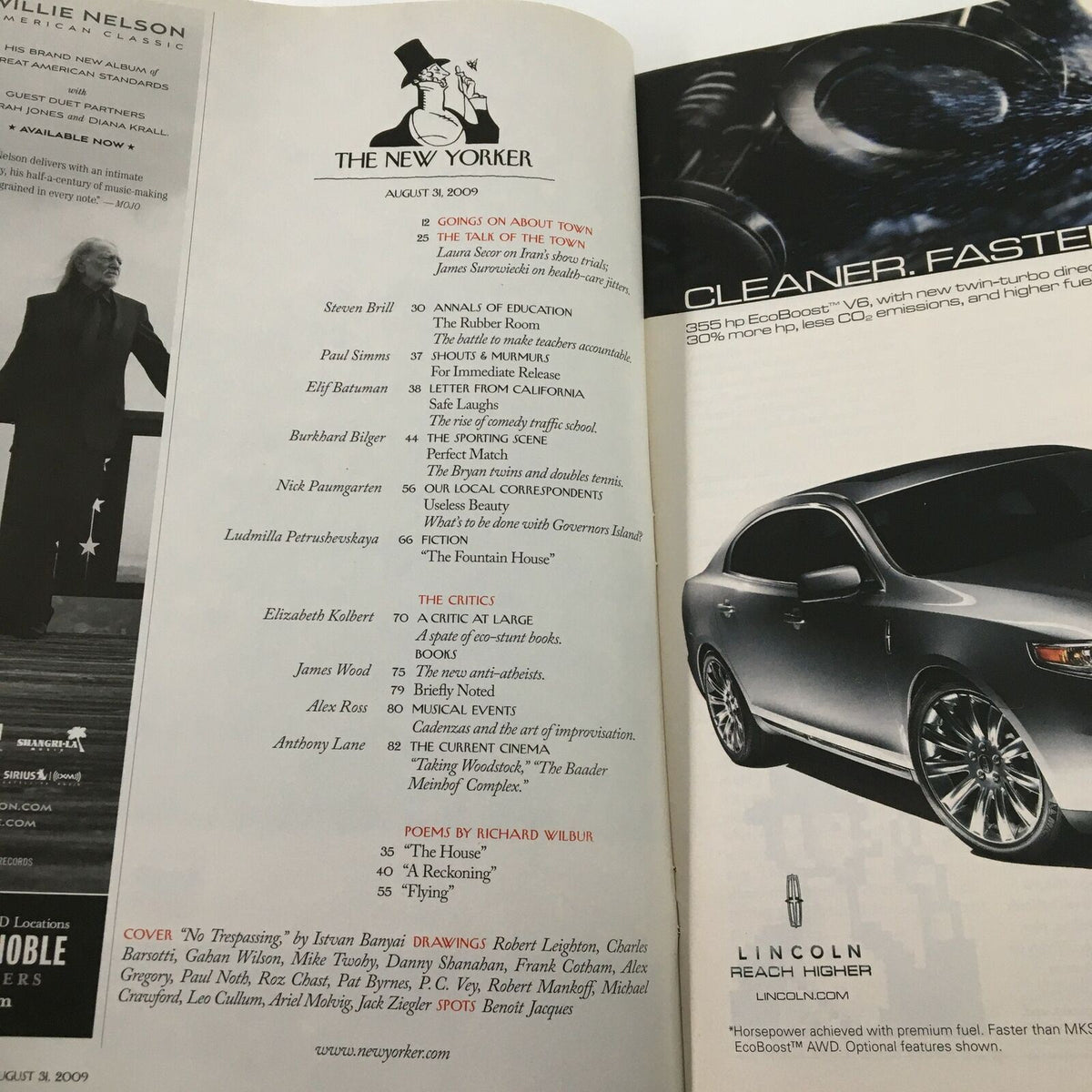 Interior page of The New Yorker Full Magazine August 31 2009 displaying the table of contents and notable contributors for the issue.