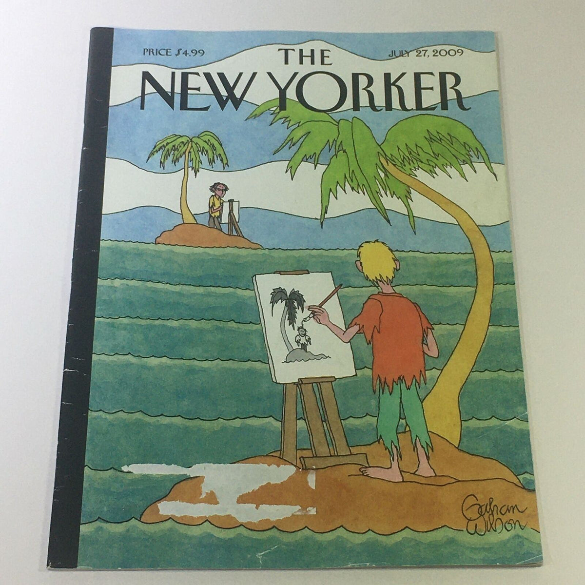 Cover of The New Yorker magazine from July 27, 2009, featuring artwork by Gahan Wilson, depicting a whimsical scene with a figure painting on the beach, surrounded by palm trees and ocean waves.
