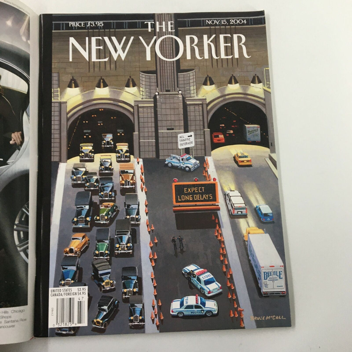 The New Yorker Full Magazine November 15 2004 cover illustration by Bruce McCall titled 'Expect Long Delays,' showcasing a congested urban traffic scene.