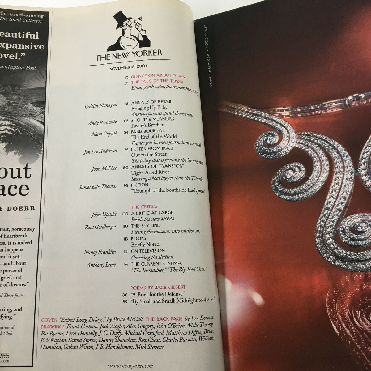 Inside page of The New Yorker Full Magazine November 15 2004, listing articles and contributions, including a poem by Jack Gilbert and various insightful features.