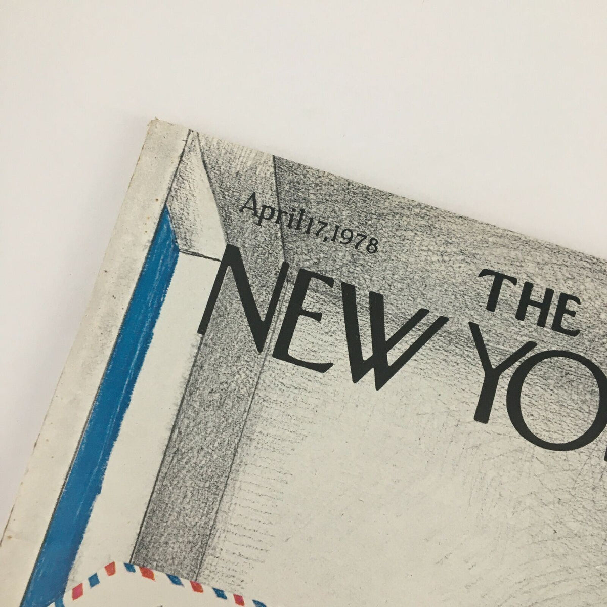 Close-up detail of The New Yorker Magazine cover from April 17, 1978, showcasing the title and part of the artwork illustrating a mail theme.