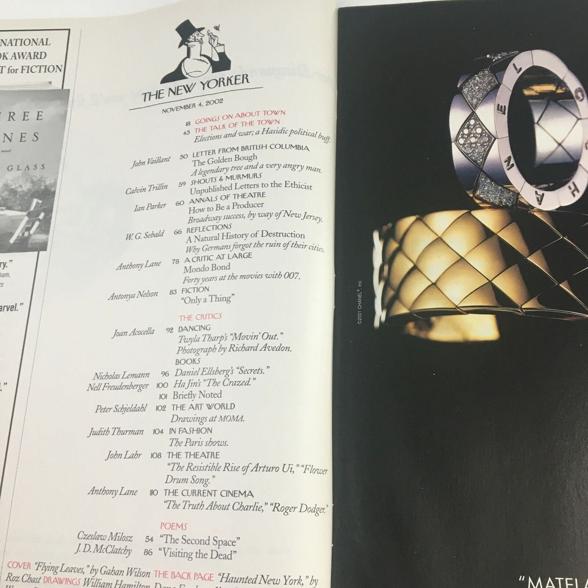 Interior page of The New Yorker Full Magazine November 4, 2002 displaying the table of contents and articles highlighting literary pieces and commentary.