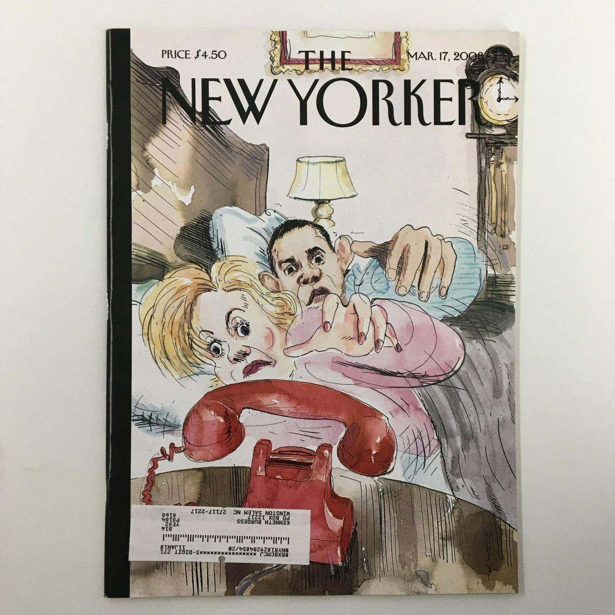 Cover of The New Yorker magazine, March 17, 2008, featuring the artwork 'I'll Get It' by Barry Blitt, depicting a startled couple in bed with a red telephone.
