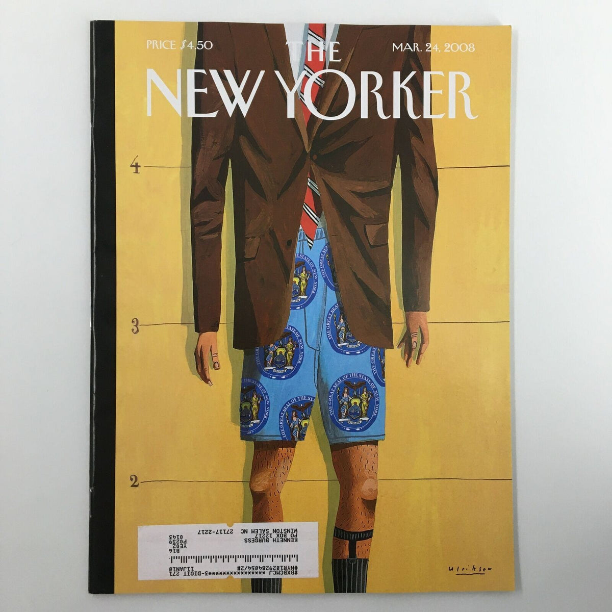 Cover of The New Yorker Full Magazine March 24, 2008 featuring the illustration 'The Emperor's New Clothes' by Mark Ulriksen with a depicted man in a suit top and colorful shorts.