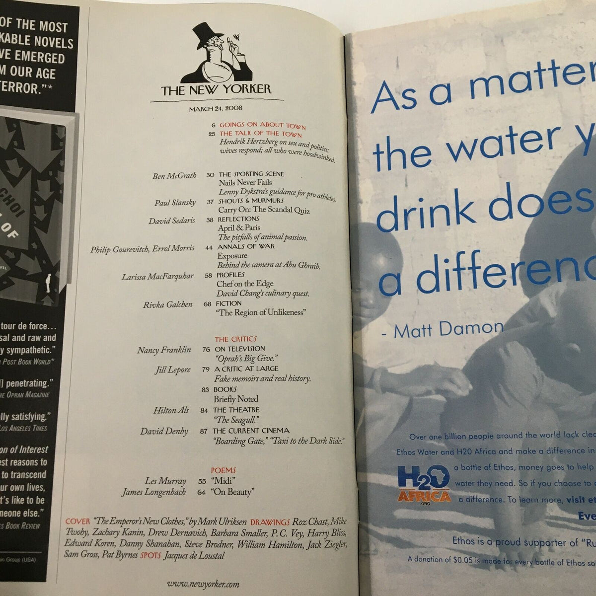 Interior page of The New Yorker Full Magazine March 24, 2008 displaying a table of contents with article titles and authors.