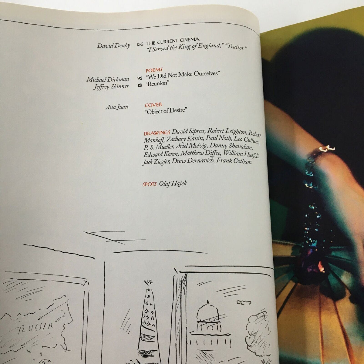 Interior page of The New Yorker magazine September 1 2008 showcasing the cover art 'Object of Desire' by Ana Juan, listed in the content credits alongside other artistic contributions.
