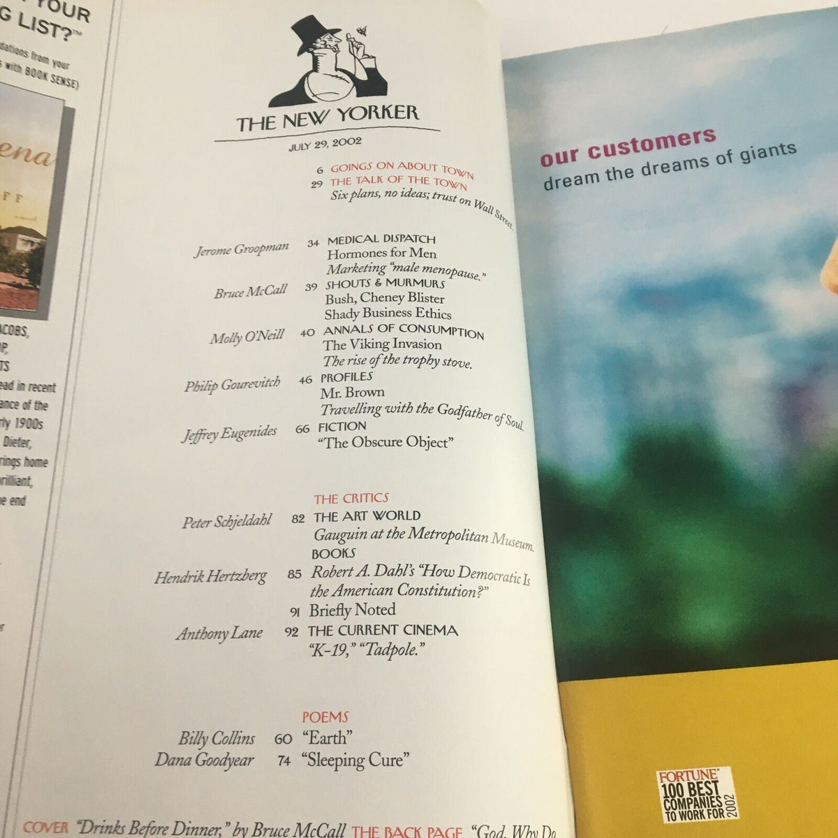 Interior page of The New Yorker Full Magazine July 29 2002 displaying the contents and notable articles from that edition.