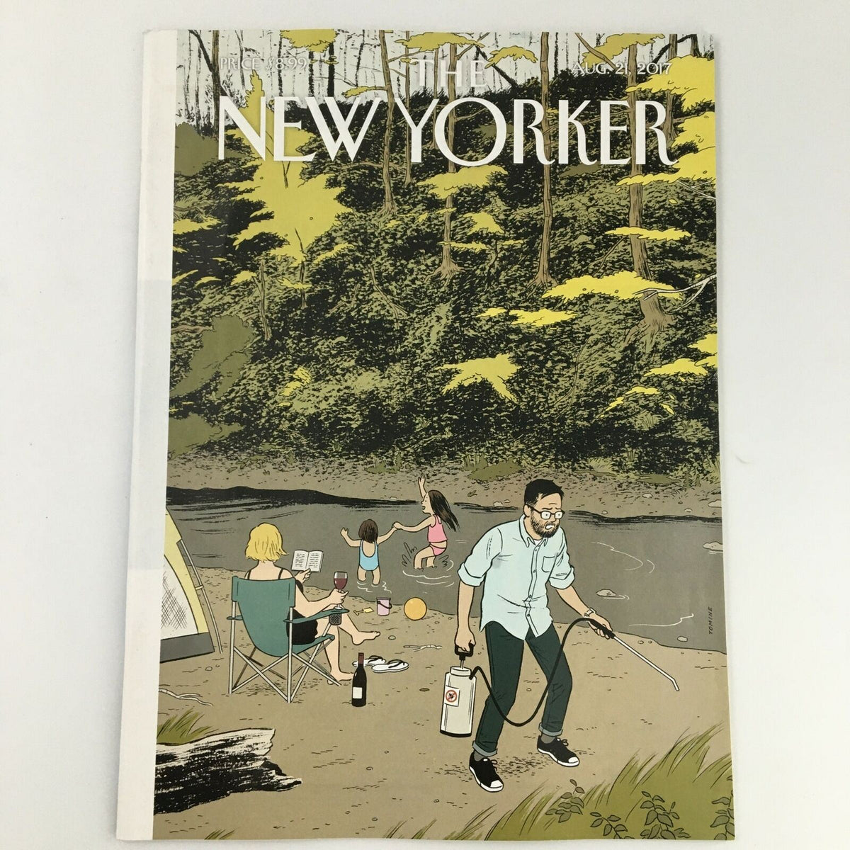 The New Yorker August 21 2017 Full Magazine Cover featuring artwork by Adrian Tomine depicting a serene lakeside scene with outdoor activities.