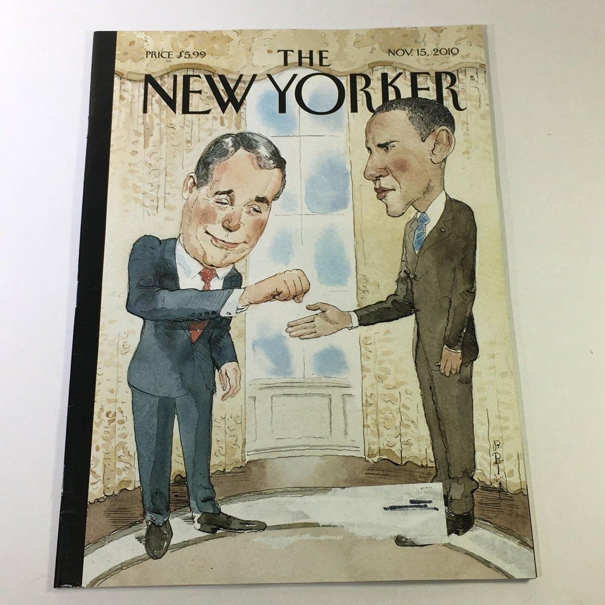 The New Yorker Magazine November 15 2010 cover featuring a cartoon illustration of Barack Obama and John Boehner shaking hands, showcasing political satire and contemporary art.