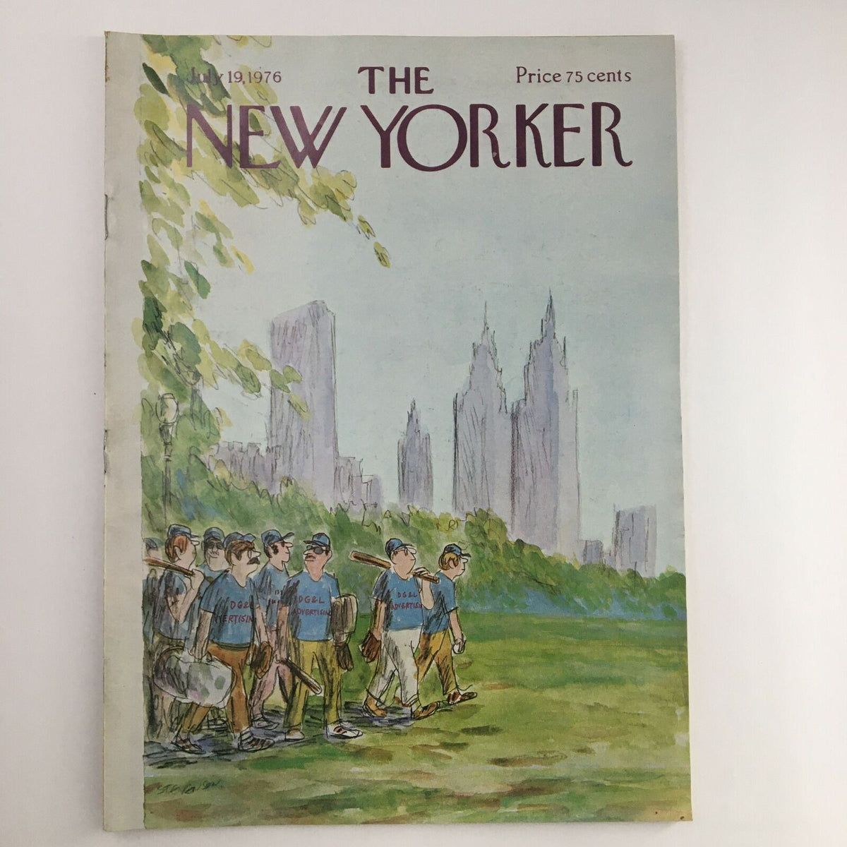 Cover of The New Yorker Magazine from July 19, 1976, titled 'Baseball Practice' by James Stevenson, featuring a charming illustration of baseball players walking through a park with skyscrapers in the background.