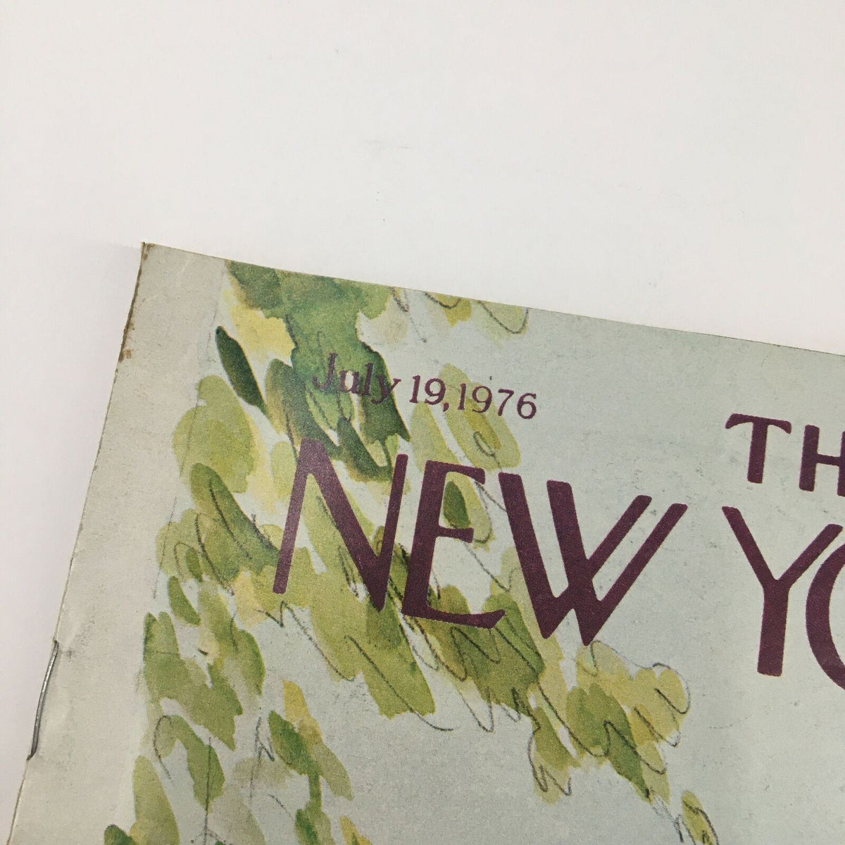 Close-up of the date and title on the cover of The New Yorker Magazine, July 19, 1976, showcasing the title 'THE NEW YORKER' and date creatively illustrated.