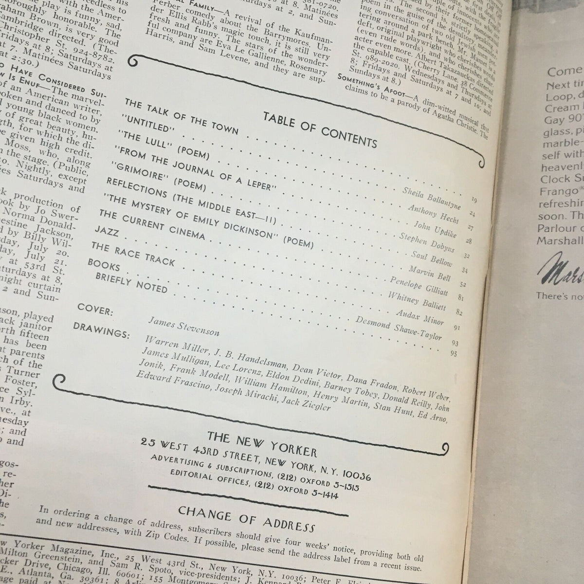Inside page of The New Yorker Magazine, July 19, 1976, displaying the table of contents, including the cover artist James Stevenson and various articles featured in this edition.