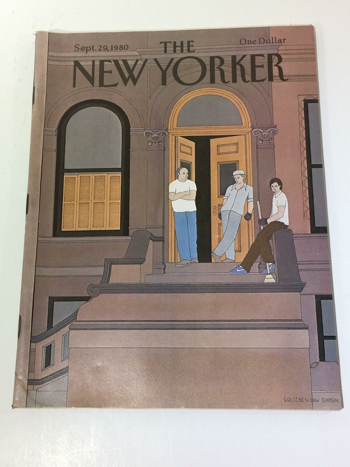 Cover of The New Yorker Magazine, September 29, 1980, featuring a themed illustration by Gretchen Dow Simpson, showcasing three figures on a staircase in an urban setting.