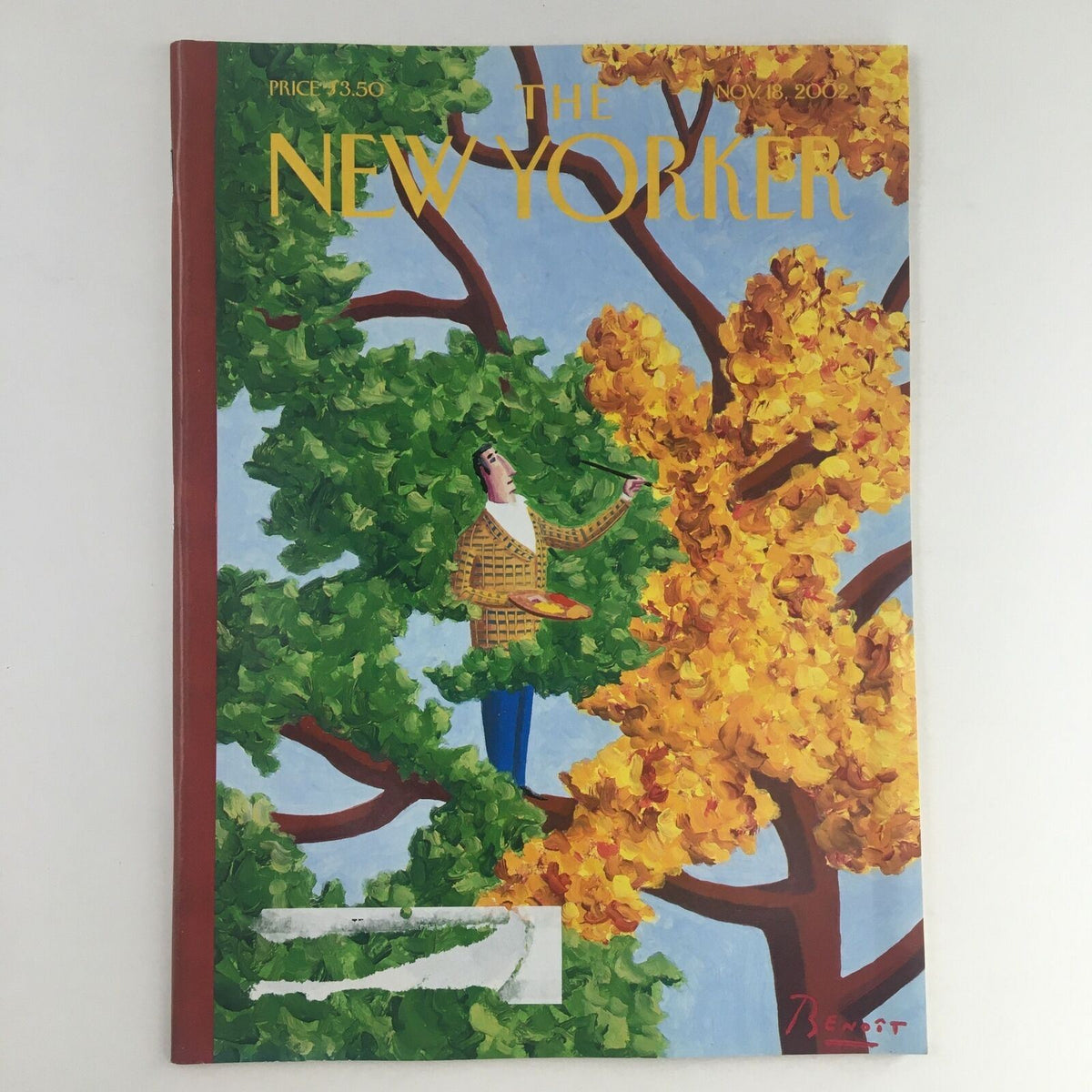 Cover of The New Yorker Full Magazine November 18 2002 featuring autumnal artwork by Benoit van Innis, showcasing vibrant trees and a person painting.