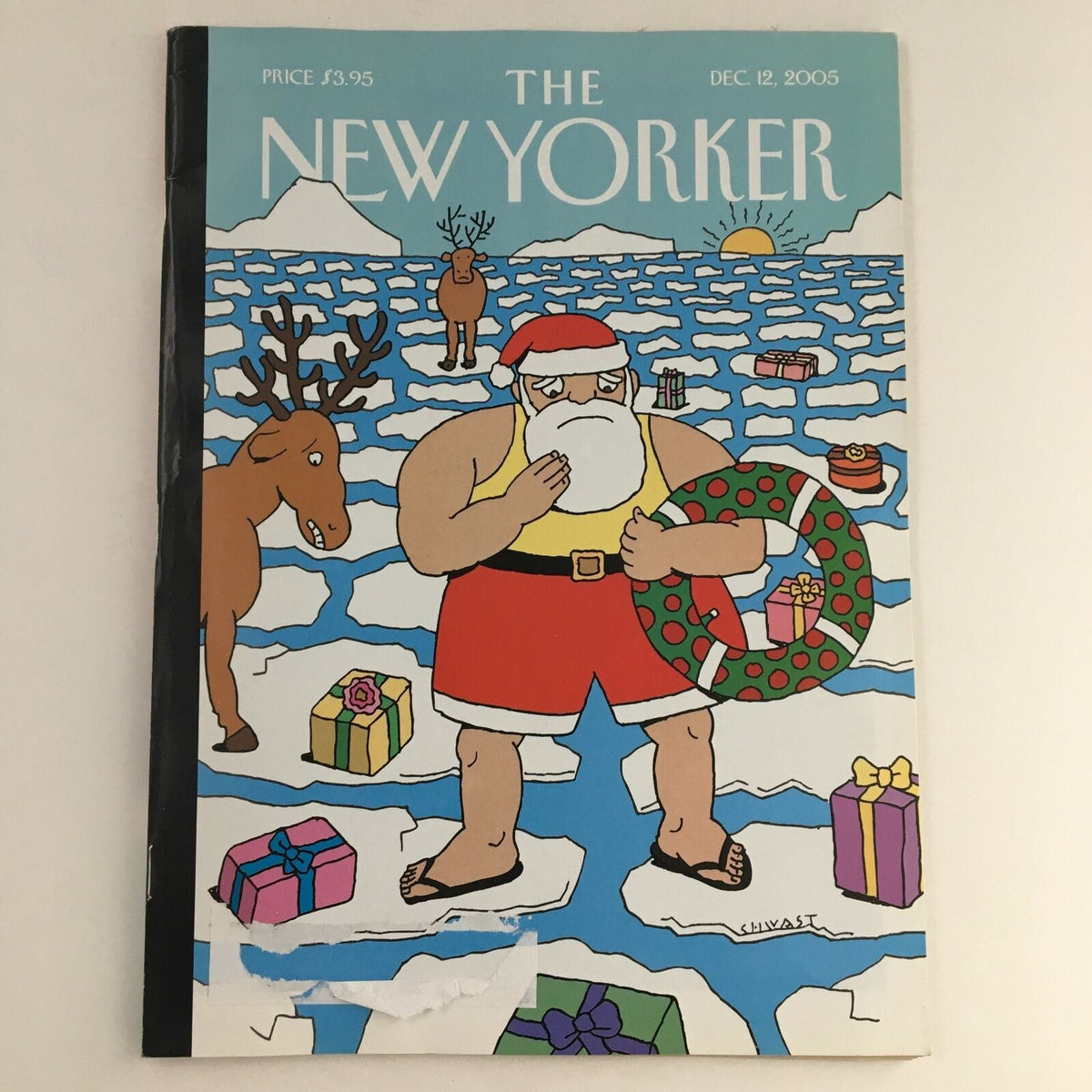 The New Yorker Full Magazine December 12 2005 featuring whimsical cover art by Seymour Chwast, depicting Santa on an ice landscape with reindeer.