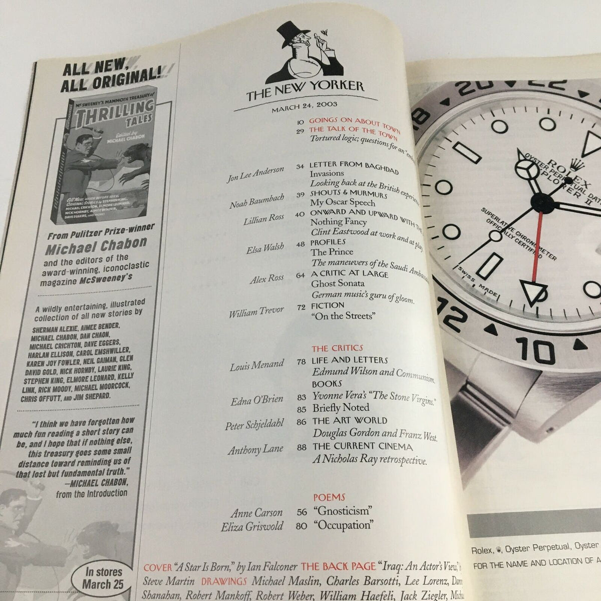 Interior page of The New Yorker magazine from March 24, 2003, showcasing the table of contents including articles and poems, highlighting the literary significance of the issue titled 'A Star is Born' by Ian Falconer.