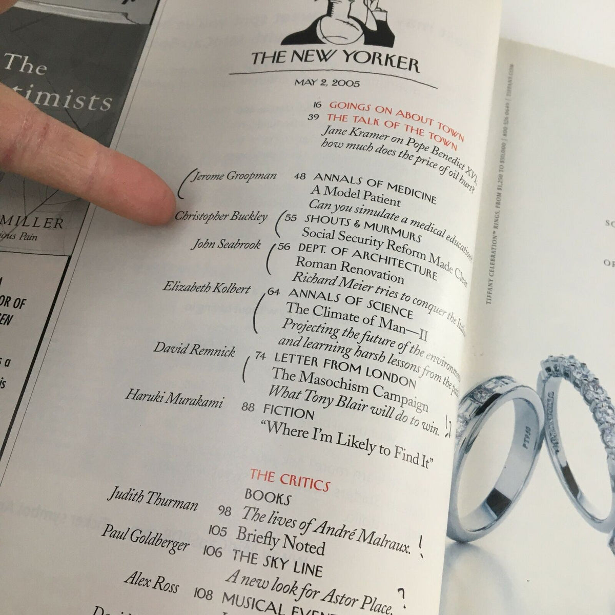 Interior page of The New Yorker magazine dated May 2, 2005, showcasing various article headings including ‘ANNUALS OF MEDICINE’ and ‘THE CLIMATE OF NAM’, highlighting key contributors.
