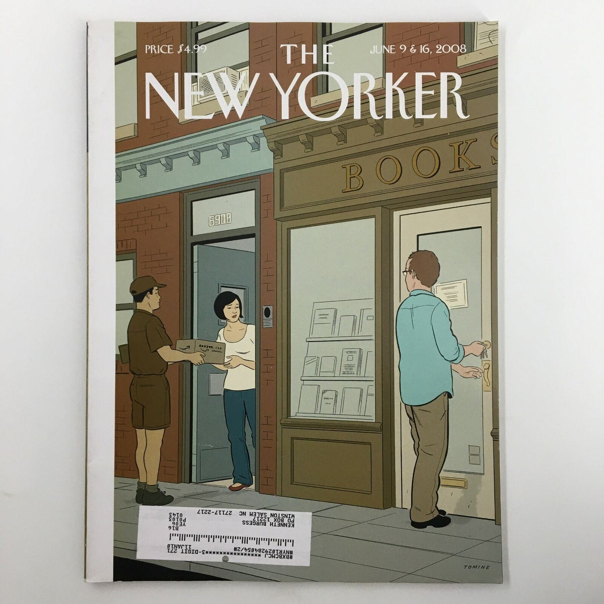 The New Yorker Full Magazine June 9 2008 Book Lovers cover featuring a whimsical illustration of a bookshop and a delivery man, designed by Adrian Tomine.