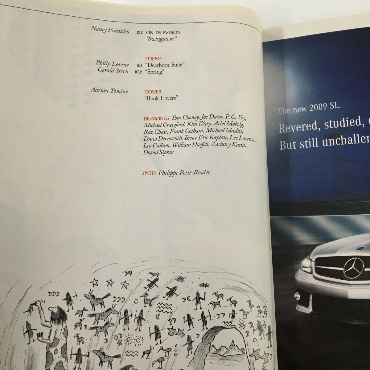 Inside page of The New Yorker magazine from June 9, 2008, featuring contributions from Nancy Franklin, Philip Levine, and Adrian Tomine, including the cover titled 'Book Lovers'.