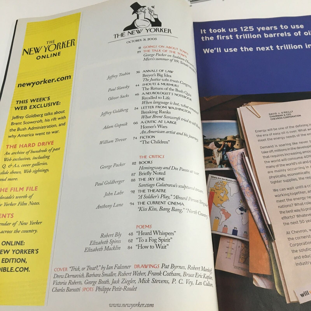 Inside page of The New Yorker Full Magazine October 31 2005 showcasing an article list and advertisements, celebrating the magazine's rich literary history.